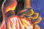 <em>Fire</em><br>Dec 2006<br>9"x 6"<br><br>I drew this from a slightly edited photo I found on flickr. Thought it would be cool to draw it with really high contrast and warm colors. Halfway through, I realized that the wrinkles on the guy's feet looked like fire so I went with it.<br><br><br><br>Click <a href='http://www.andrew.cmu.edu/user/aczhang/traditional/fire.jpg' target='_blank'>here</a> to go directly to the image (best quality).